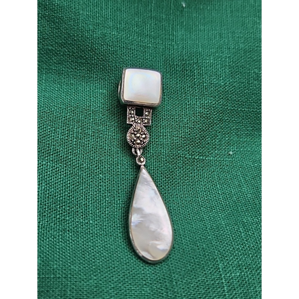 VTG Sterling Marcasite Mother Of Pearl Pendant Tear Drop Art Deco Statement 2.5"